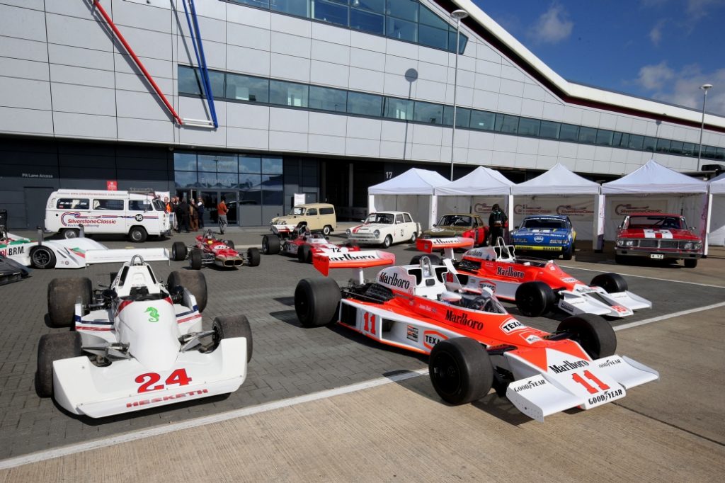 Silverstone Classic Media Day 2016, Silverstone Circuit, Northants, England. 27th April, 2016 James Hunt Display Cars Copyright Free for editorial use